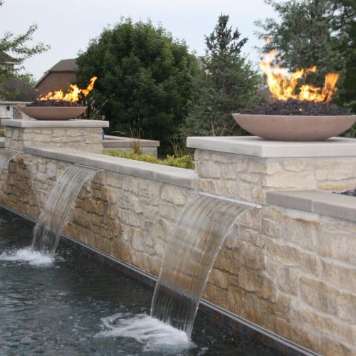 Close up of water weirs with fire features Coralville Iowa